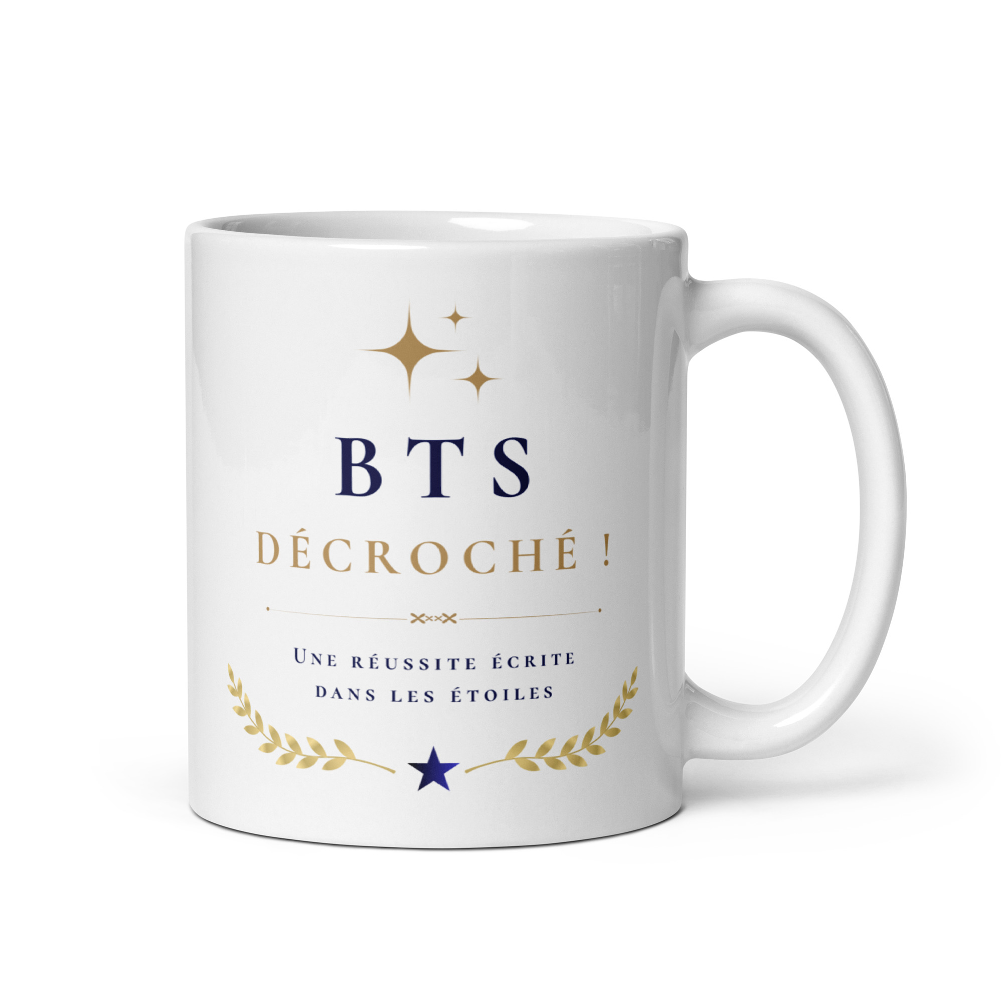 Cadeau Félicitations BTS décroché ! - Mug "Une réussite écrite dans les étoiles" - Surprise originale Mug blanc en céramique BTS décroché ! avec lauriers et étoiles dorés marque whizaloo