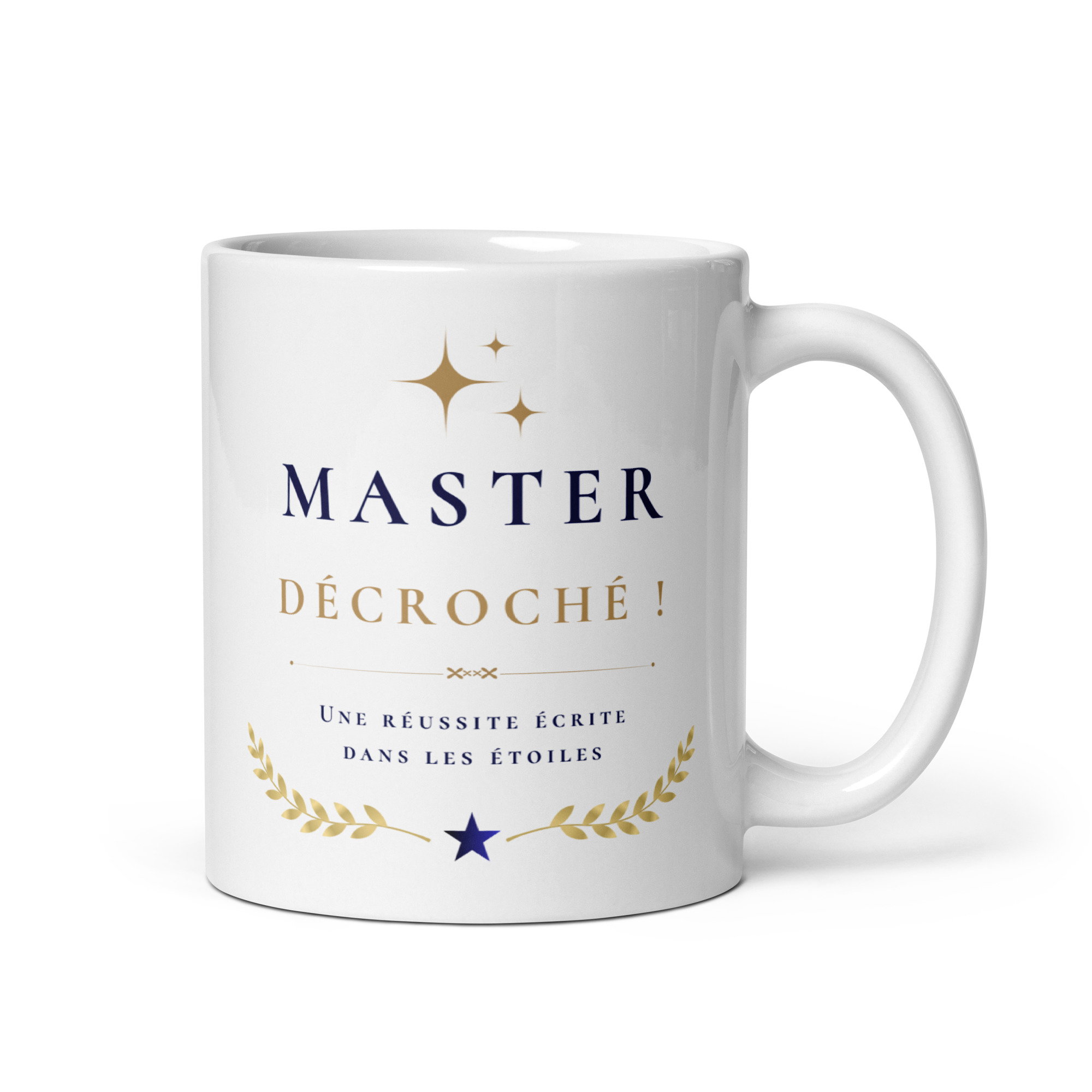 Cadeau Félicitations MASTER décroché ! – Mug "Une réussite écrite dans les étoiles" - Surprise originale Mug blanc en céramique Master décroché ! en poche avec lauriers et étoiles dorés marque whizaloo