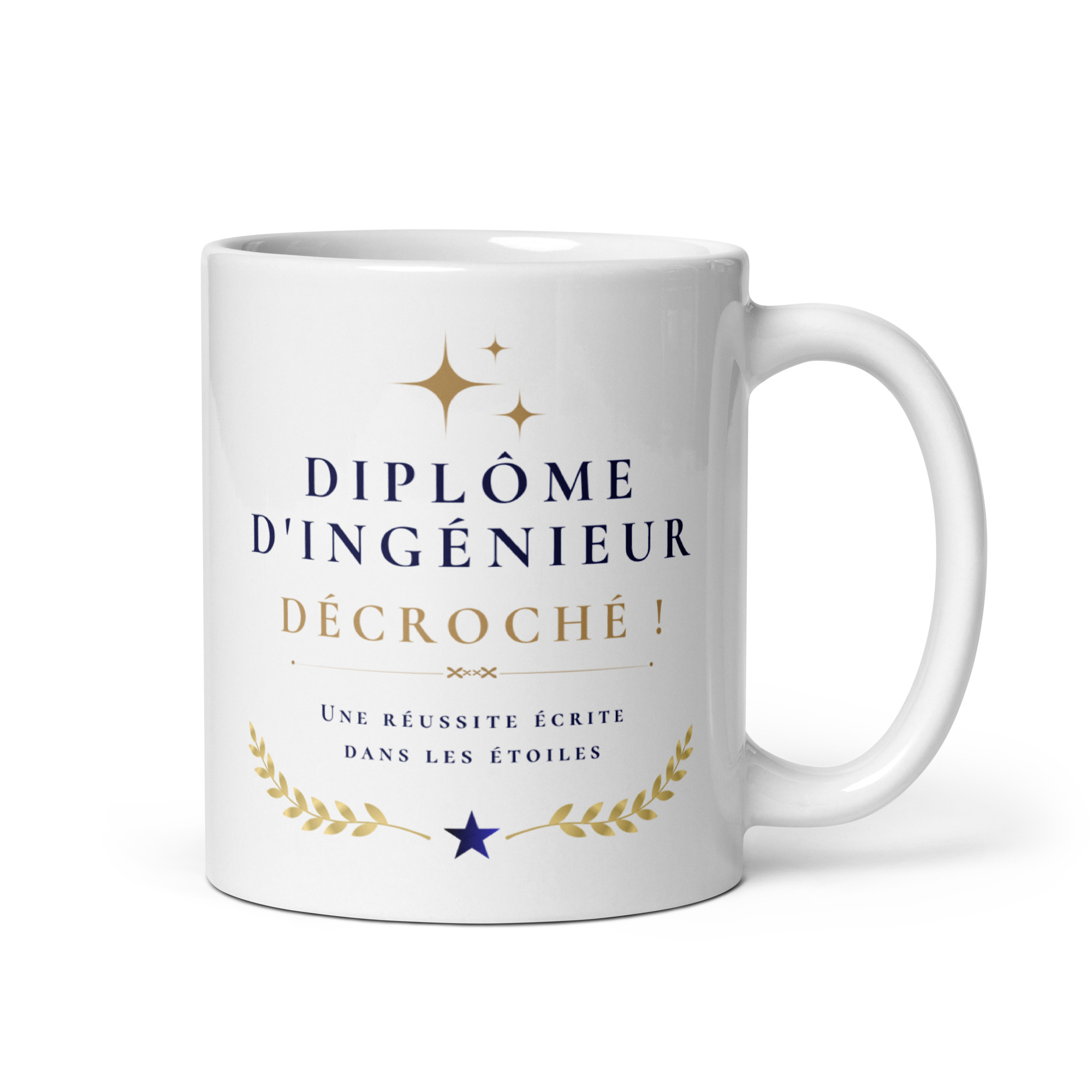 Cadeau Félicitations Diplôme d'Ingénieur décroché ! - Mug "Une réussite écrite dans les étoiles"- Surprise originale Mug blanc en céramique diplôme d'ingénieur décroché ! avec lauriers et étoiles dorés marque whizaloo