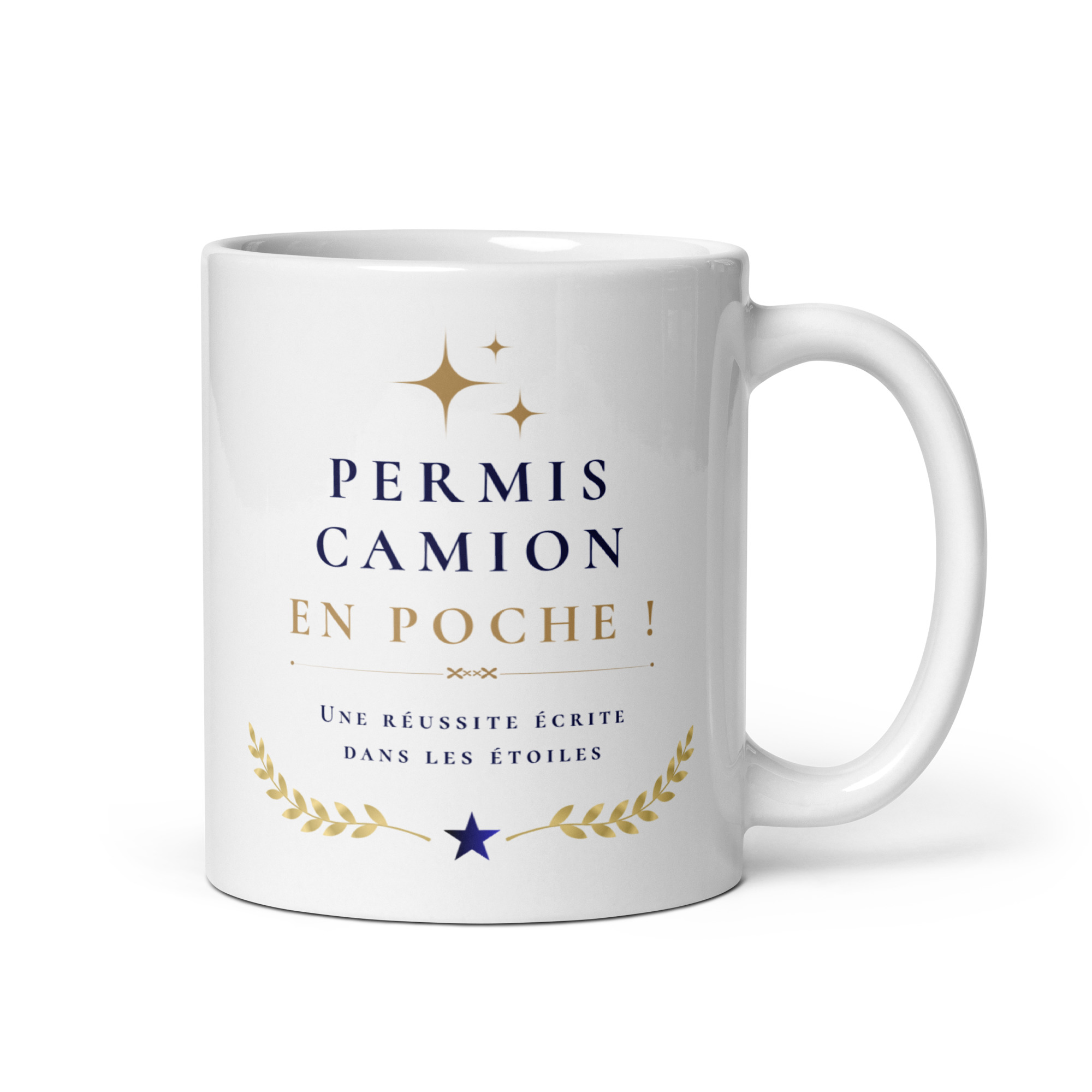 Cadeau permis camion en poche ! – Mug "Une réussite écrite dans les étoiles" Mug blanc en céramique Permis camion en poche avec lauriers et étoiles dorés marque whizaloo