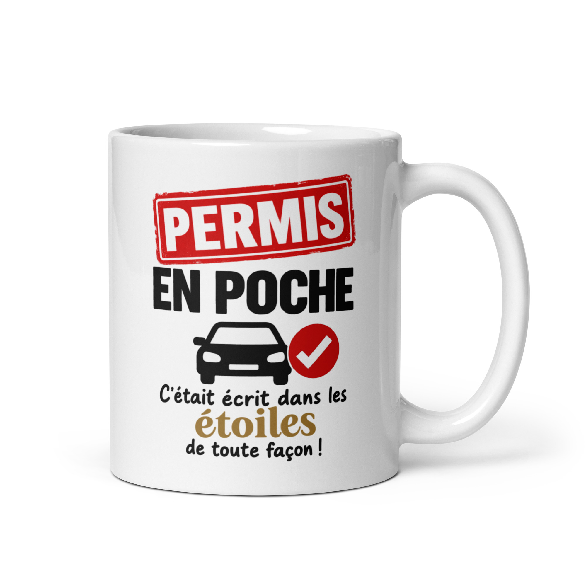 Idée cadeau félicitations nouveau conducteur voiture : Permis en poche ! Mug blanc imprimé 'Permis en poche' avec illustration de bateau à moteur et phrase humoristique. marque Whizaloo