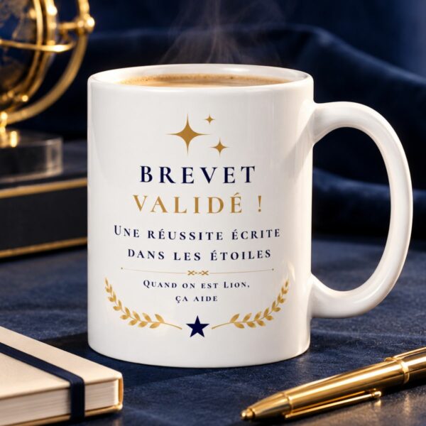 Mug en céramique blanche « Brevet Validé ! » étoiles et lauriers – Cadeau examen pour Lion