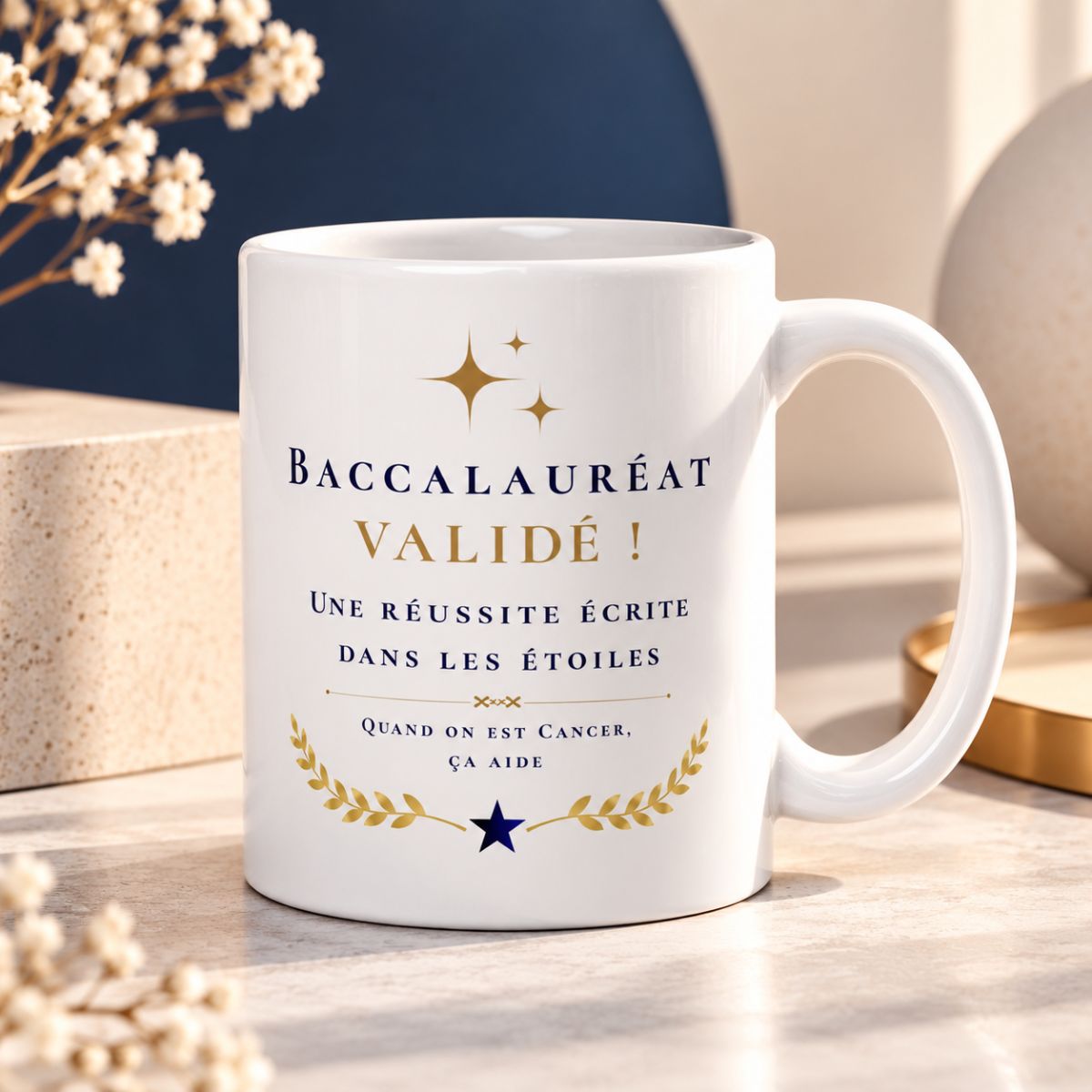 Mug Baccalauréat validé motif étoiles et lauriers pour signe Cancer - Cadeau examen BAC Mug Baccalauréat validé motif étoiles et lauriers pour signe Cancer - Cadeau examen BAC