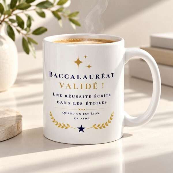 Tasse souvenir BAC « Une réussite écrite dans les étoiles » – Idée cadeau pour un Lion
