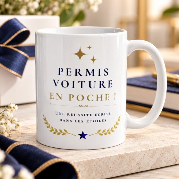 Whizaloo : T-shirts, casquettes, mugs et cadeaux inspirés des signes, des étoiles et de l’univers céleste Cadeau permis voiture en poche ! – Mug « Une réussite écrite dans les étoiles »